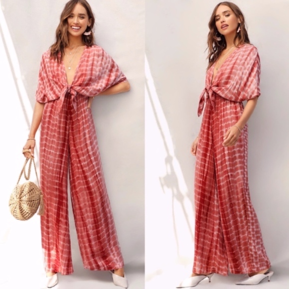 024 Bohemian Red Front tie Tie Dye wide leg Jumpsuit - Picture 5 of 7